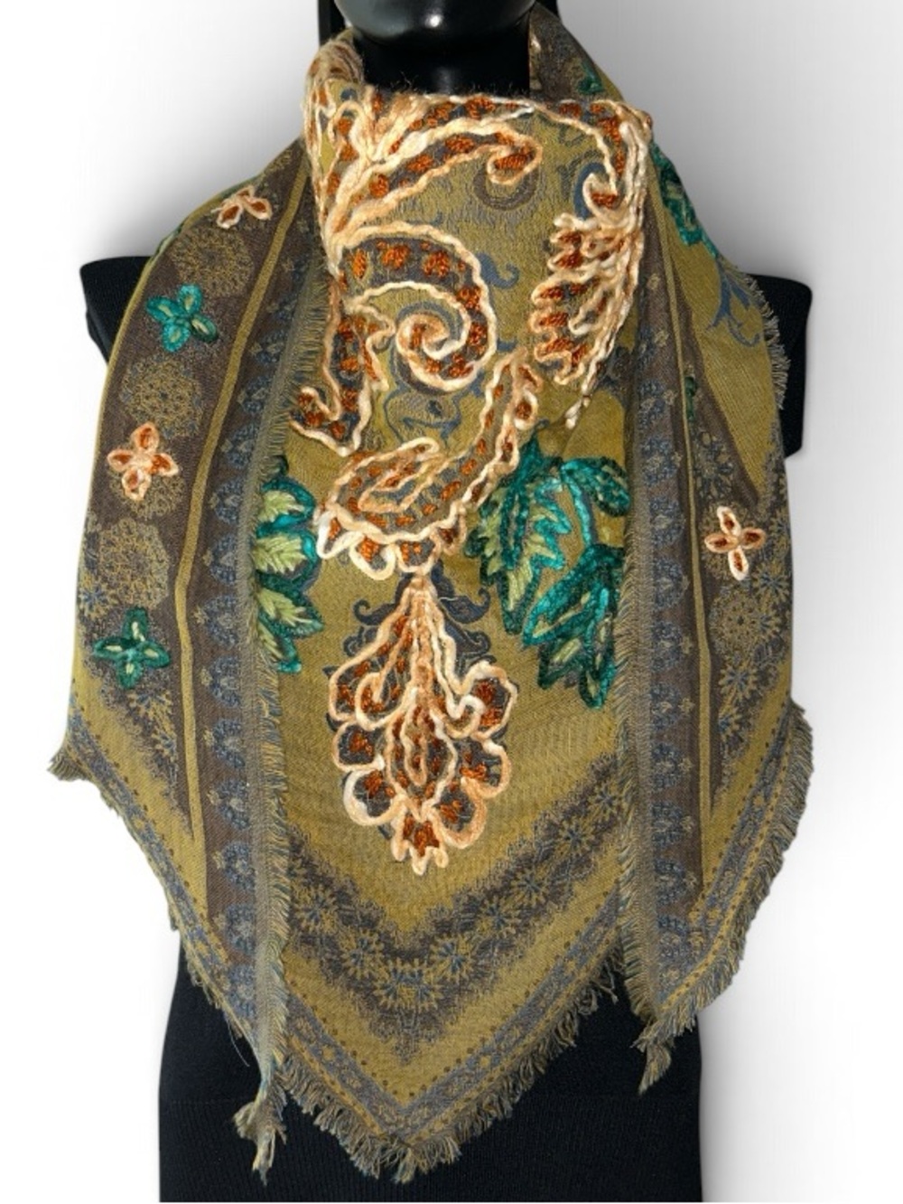 J Jill Hand-Embroidered Floral Triangle Scarf Wrap Wearable Art NWT
